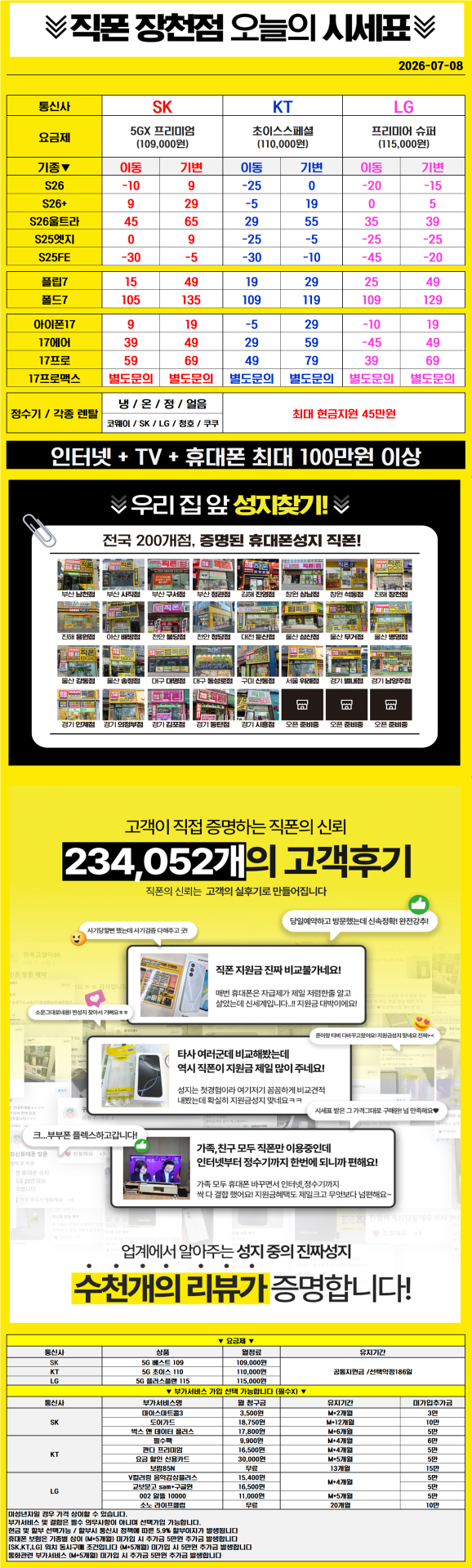 ■■■휴대폰성지 창원 진해 직폰 장천점🥇 S26 아이폰17 대란 7월 최저가시세표 인터넷+TV 최대지원금 정수기렌탈 최대지원금 기존 폰반납X 주차장O 365일 연중무휴 견적 비교 환영■■■