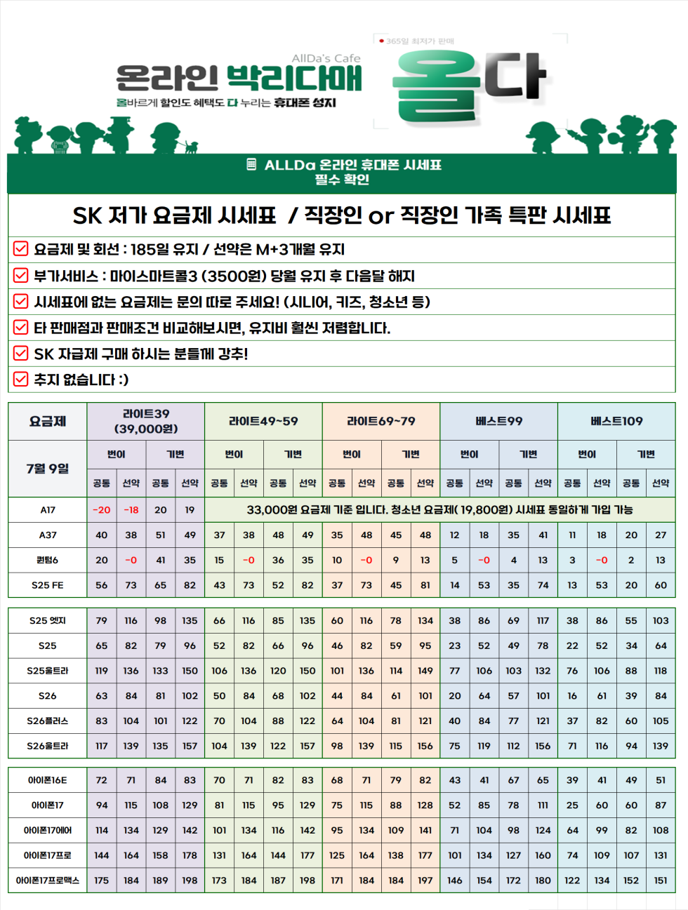 7월10일 [올다] 휴대폰성지 시세표 / 선배송 후 결제 / 전국택배 가장 저렴합니다