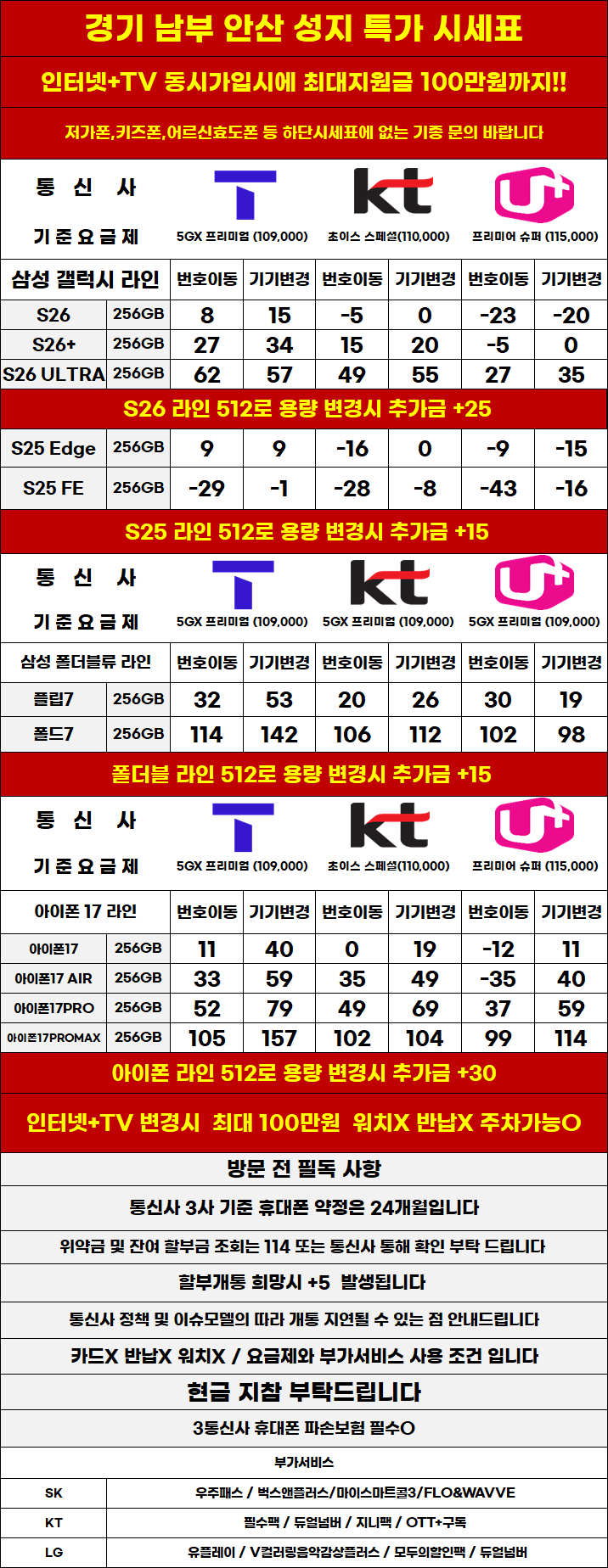 경기도 안산 휴대폰성지 시세표 카드X,반납X,워치X, 소노X