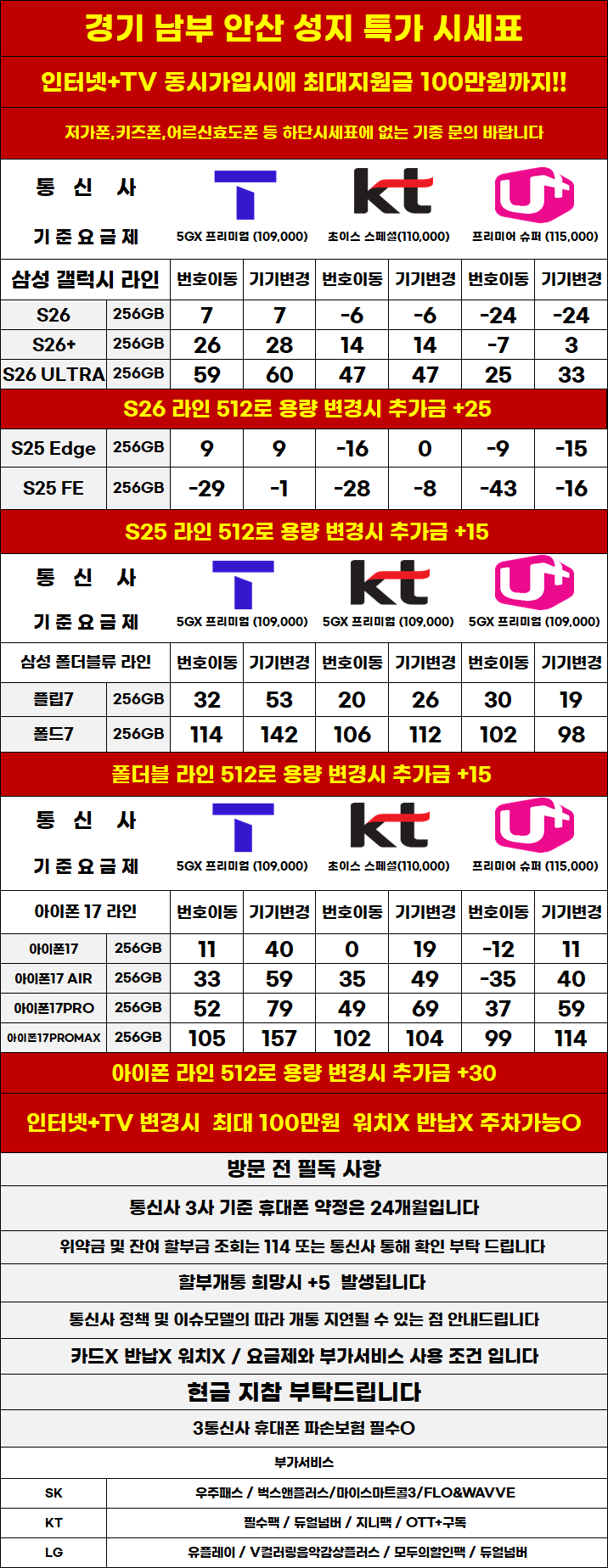 경기도 안산 휴대폰성지 시세표 카드X,반납X,워치X,소노X