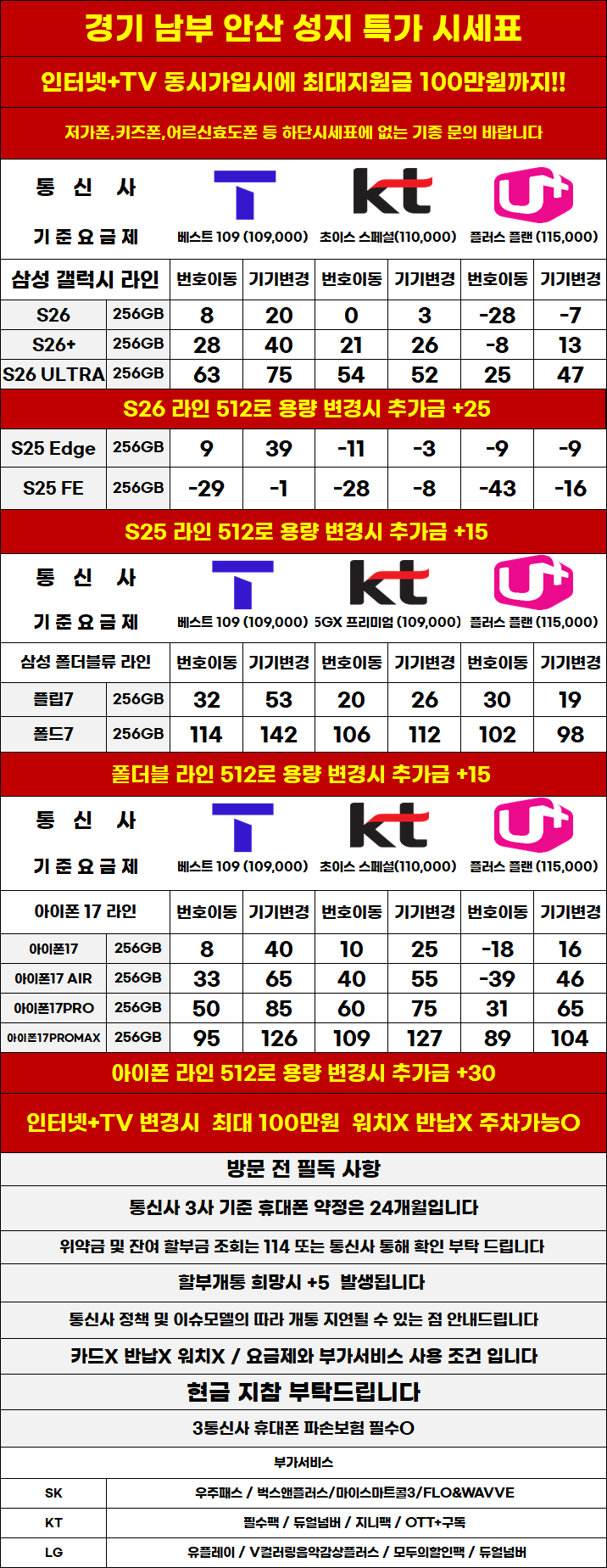 경기도 안산 휴대폰 성지시세표 카드 X 반납X 워치X 소노X