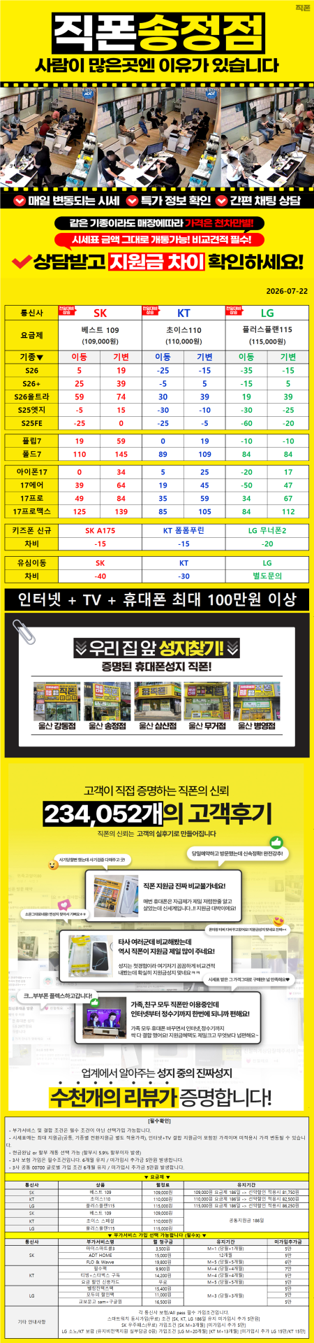 울산 북구 휴대폰성지 울산 송정동 성지//3사 S26 특가 얼른확인하세요//말바뀜 절대없음//지원금 최대//늦기전에 얼른 확인하세요