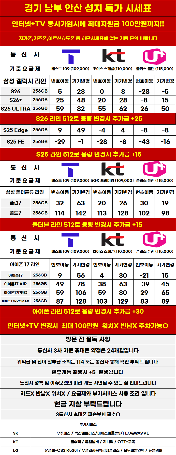 경기도 안산 휴대폰성지 시세표 카드X,반납x,워치X,소노X