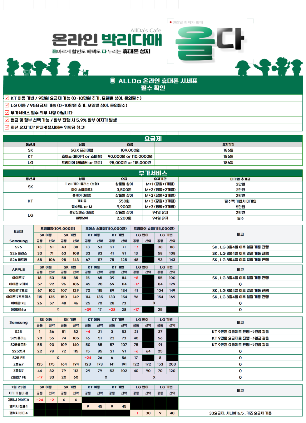 7월23일 [올다] 휴대폰성지 2차 시세표 / 선배송 후 결제 / 전국택배 가장 저렴합니다