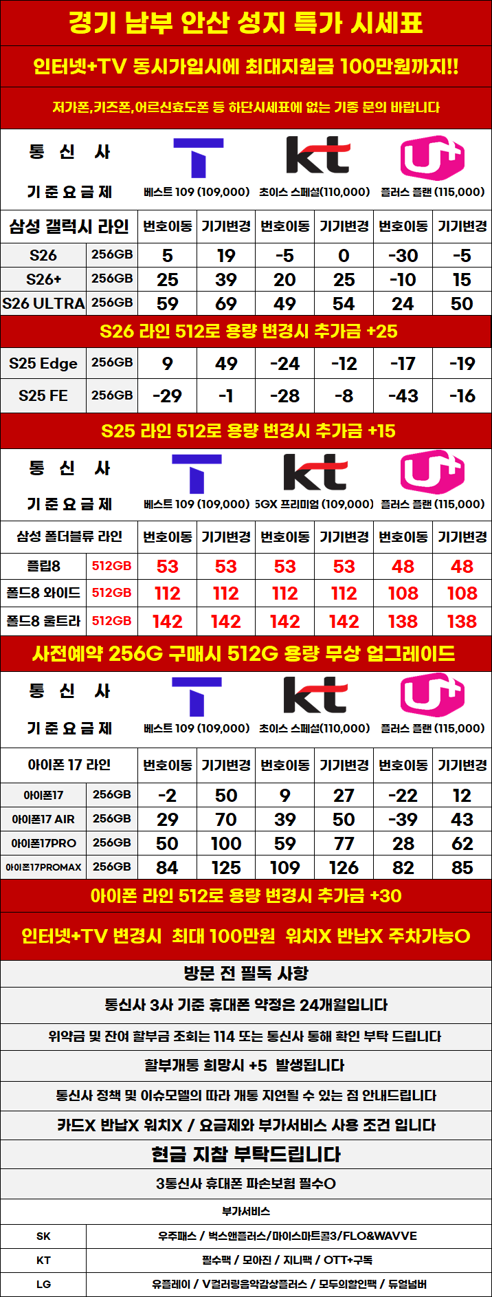 경기도 안산 휴대폰 성지시세표 제휴X,보상반납X,워치X,소노X