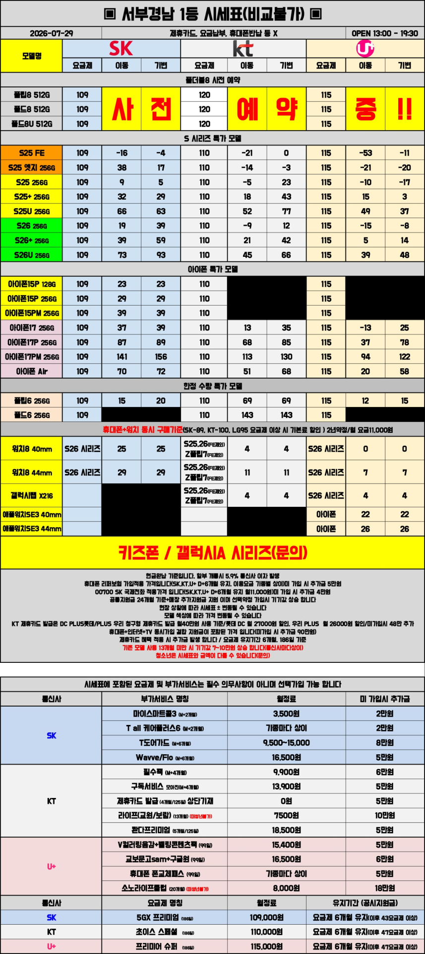 07월 29일 시세표 진주 / 사천 / 거제 / 통영