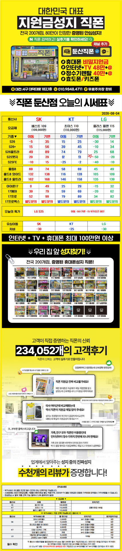 8월 4일 대전 직폰 시세표입니다!