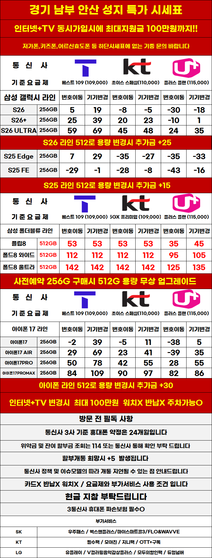 경기도 안산 휴대폰 성지시세표 제휴X,보상반납X,워치X,소노X