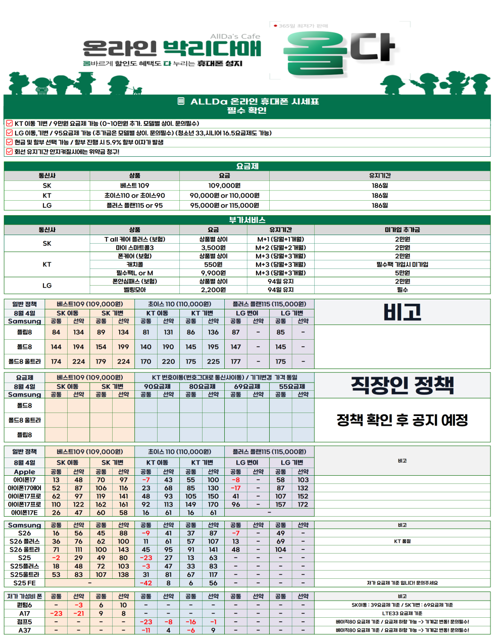8월07일 [올다] 휴대폰성지 2차 시세표 / 선배송 후 결제 / 전국택배 가장 저렴합니다