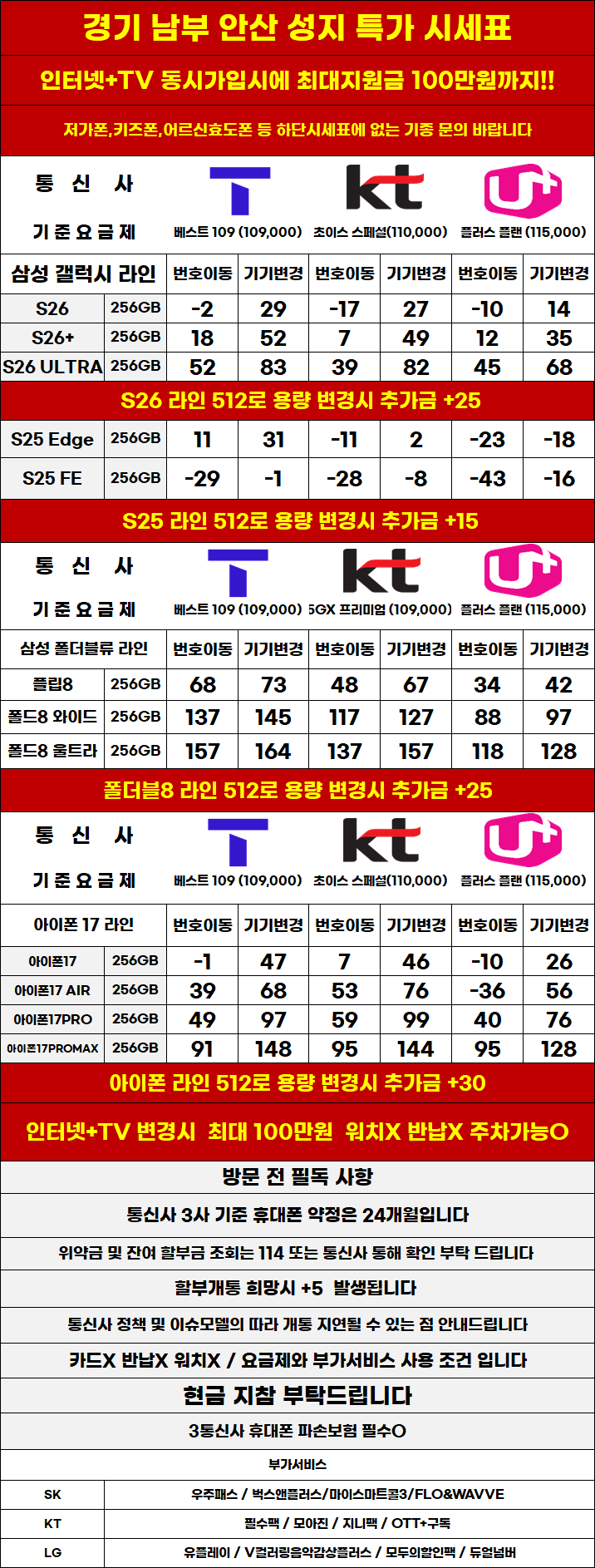 경기도 안산 휴대폰 성지시세표 제휴X,보상반납X,워치X,소노X