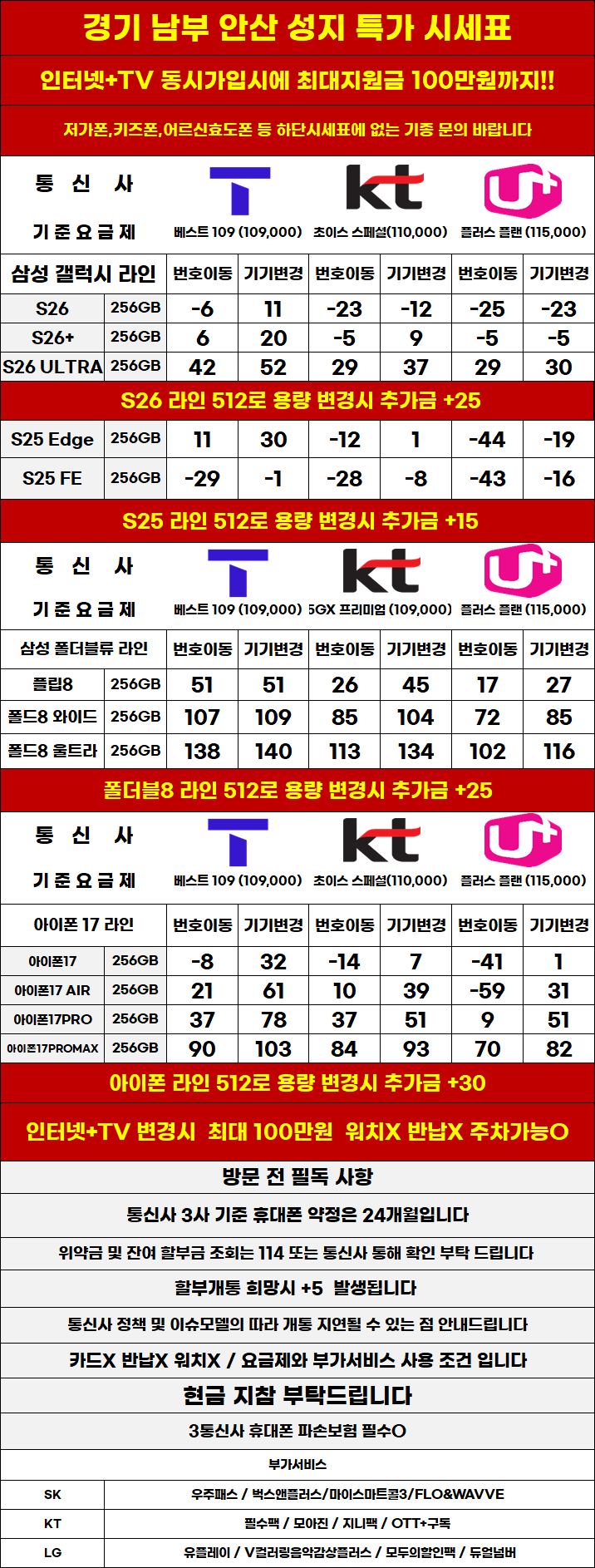 경기도 안산 휴대폰 성지시세표 제휴X,보상반납X,워치X,소노X