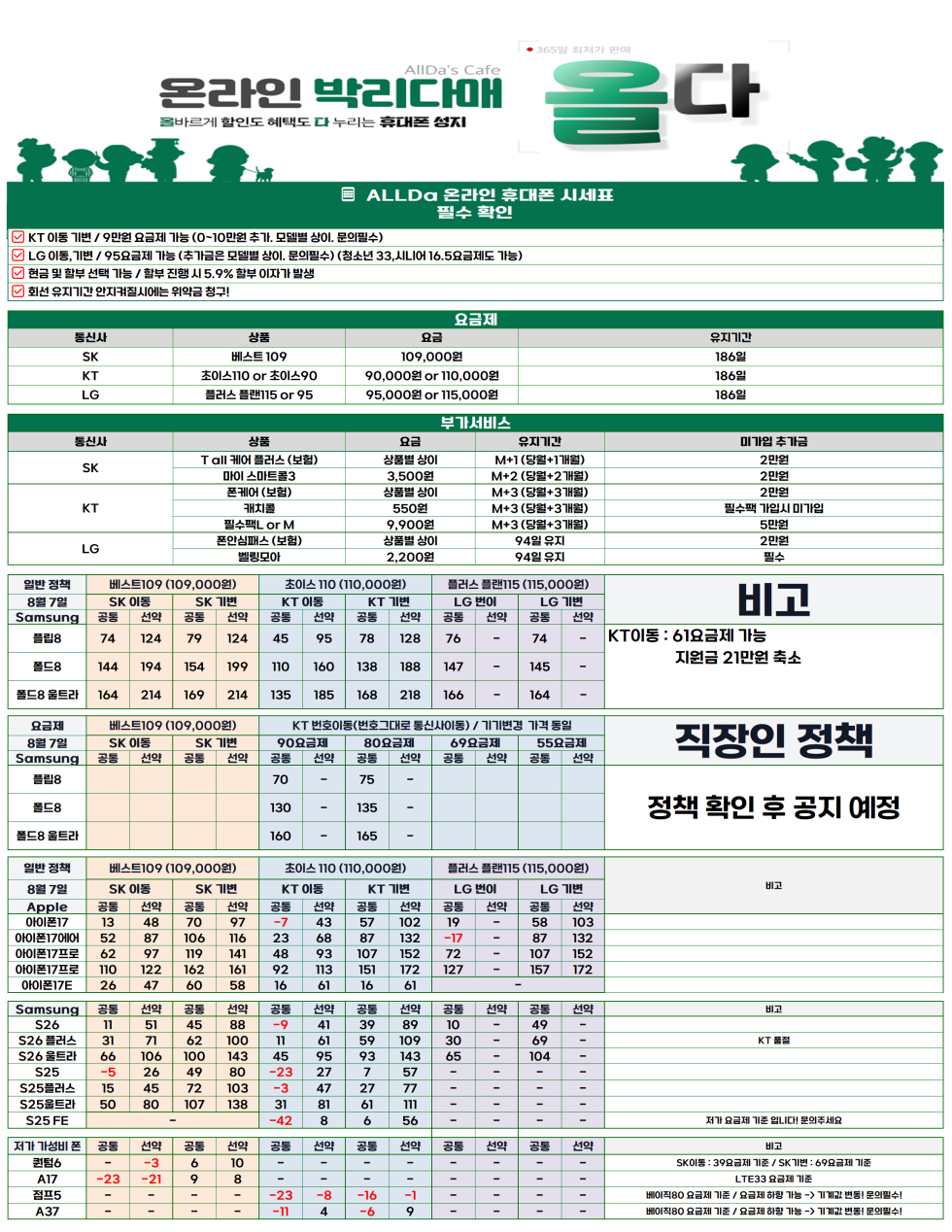 8월10일 [올다] 휴대폰성지 1차 시세표 / 선배송 후 결제 / 전국택배 가장 저렴합니다