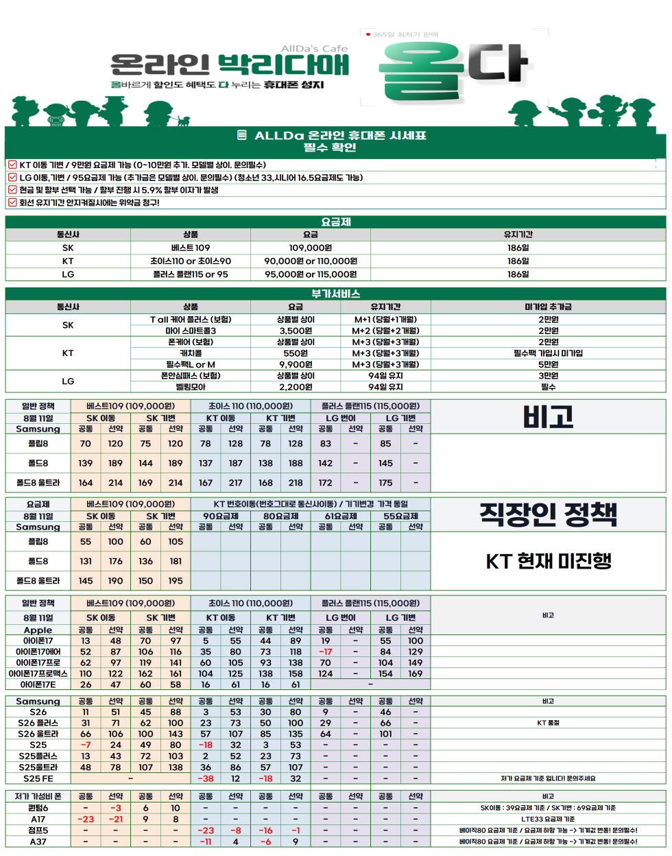 8월13일 [올다] 휴대폰성지 1차 시세표 / 선배송 후 결제 / 전국택배 가장 저렴합니다