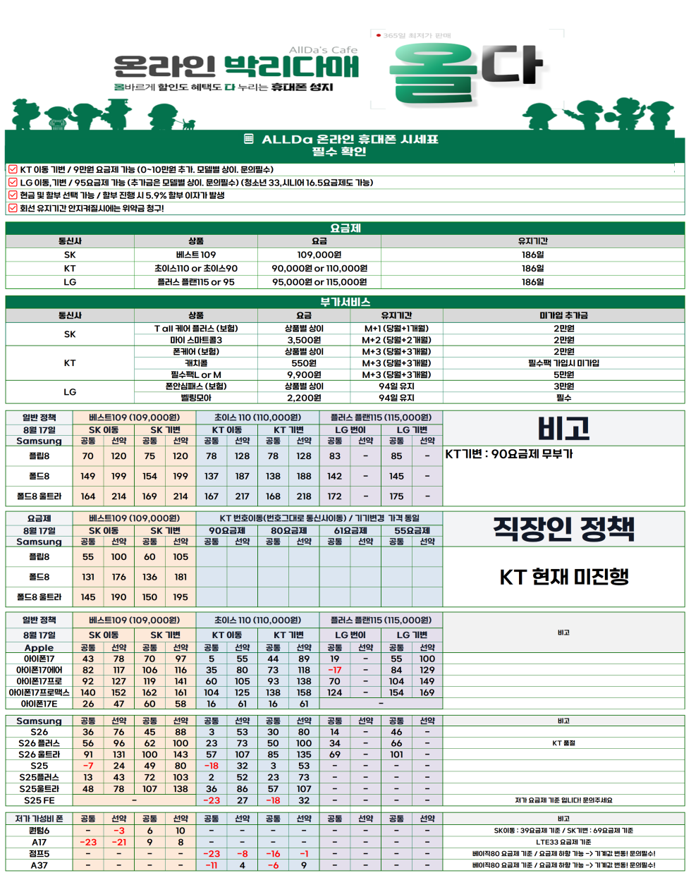 8월18일 [올다] 휴대폰성지 1차 시세표 / 선배송 후 결제 / 전국택배 가장 저렴합니다
