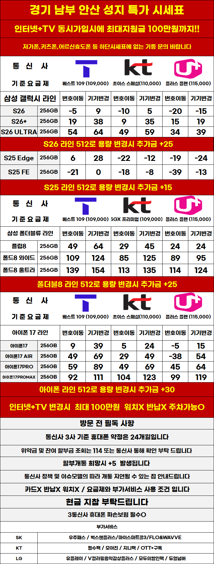 경기도 안산 휴대폰성지 시세표 (제휴X, 보상기변X,워치X,소노X)