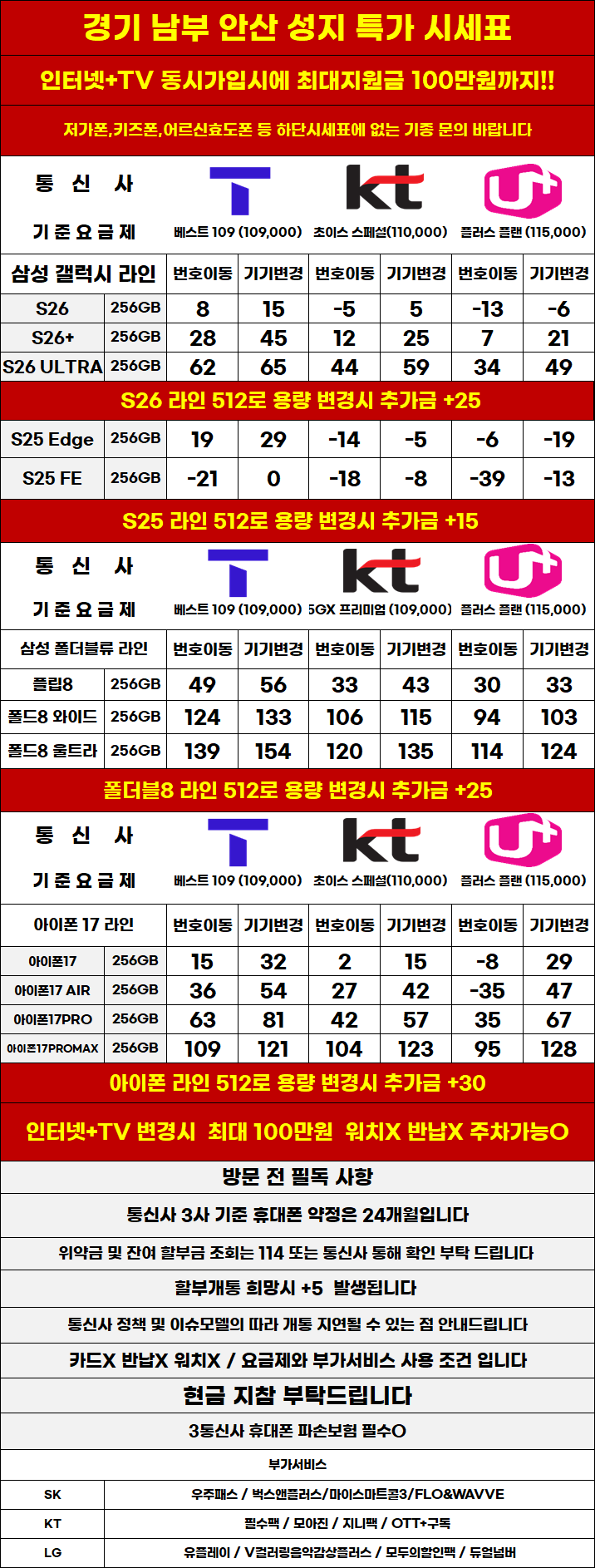 경기도 안산 휴대폰성지 시세표 (제휴X, 보상기변X,워치X,소노X)