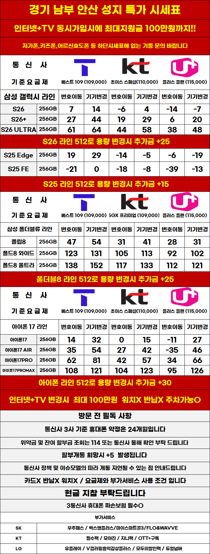 경기도 안산 휴대폰성지 시세표 (제휴X, 보상기변X,워치X,소노X)