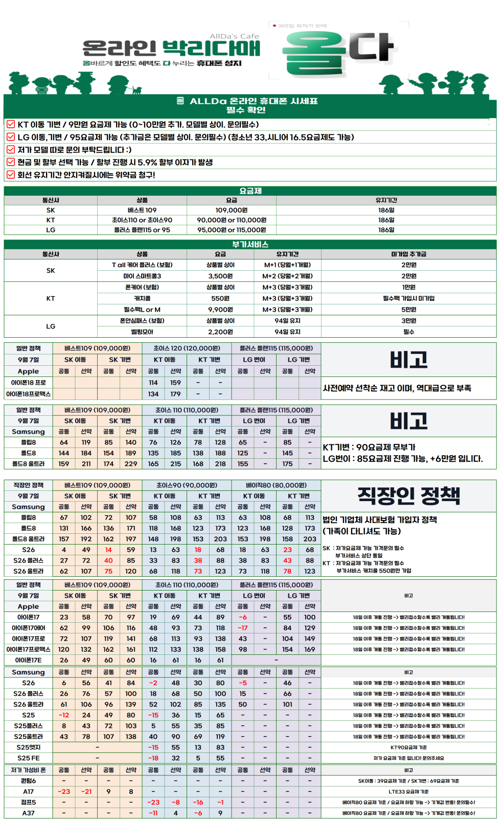 9월09일 [올다] 휴대폰성지 1차 시세표 / 선배송 후 결제 / 전국택배 가장 저렴합니다