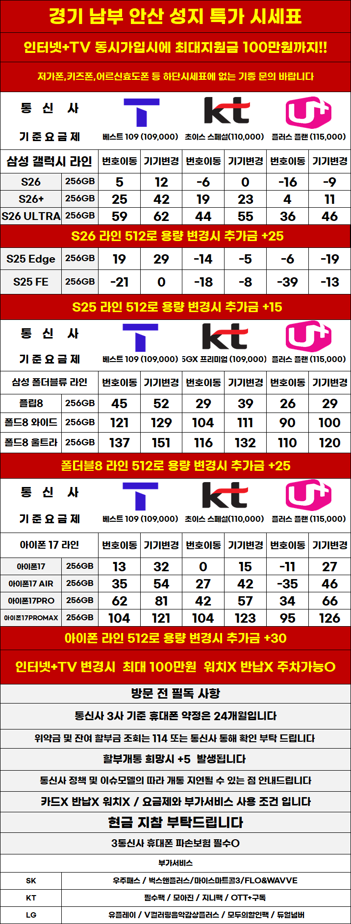경기도 안산 휴대폰성지 시세표 (제휴X, 보상기변X,워치X,소노X)