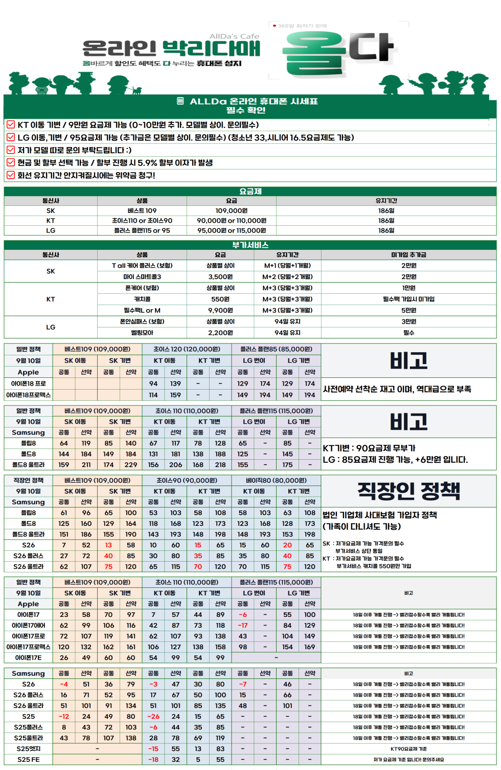 9월10일 [올다] 휴대폰성지 1차 시세표 / 선배송 후 결제 / 전국택배 가장 저렴합니다