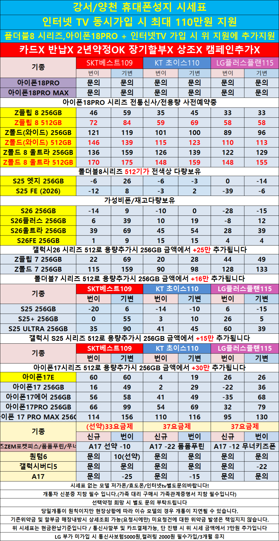 양천구 100% 현금완납시세표 카드X 반납X/아이폰추가할인/폴드8 512 다량보유