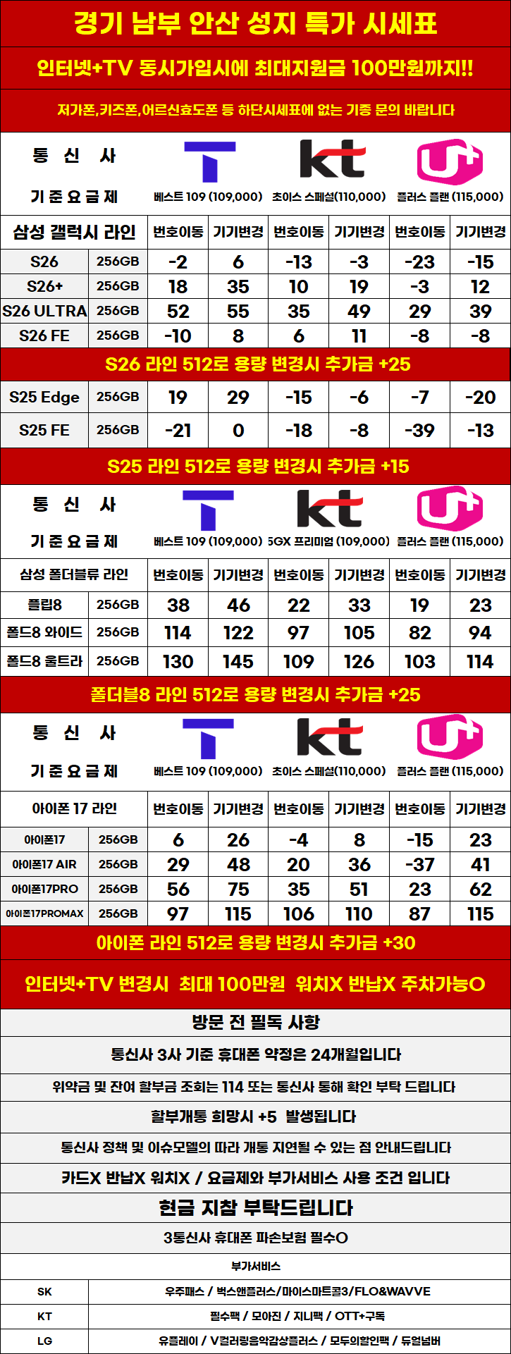 경기도 안산 휴대폰성지 시세표 (제휴X, 보상기변X,워치X,소노X)