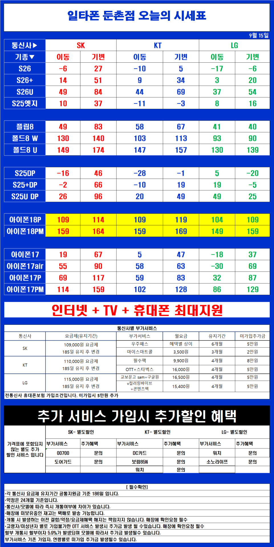 9월 15일 서울 강동 최저가 휴대폰성지 일타폰 [ 부가서비스 2개외에 상조,워치,도어가드 등등 없습니다 말장난시 한강 뛰어가뿝니다 ]