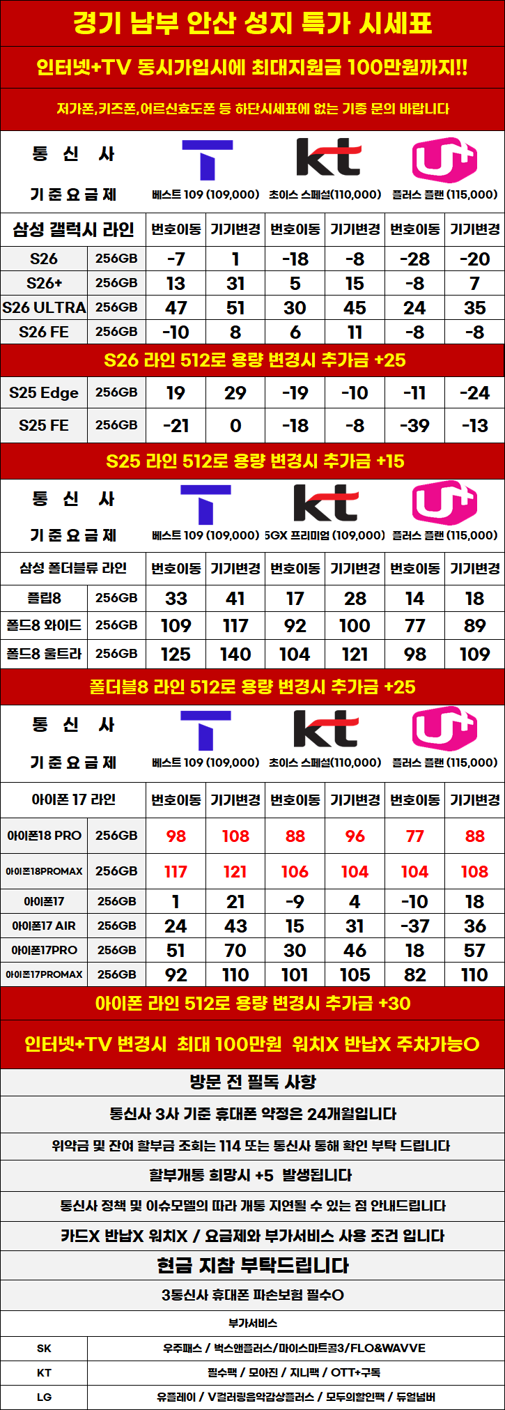 경기도 안산 휴대폰성지 시세표 (제휴X, 보상기변X,워치X,소노X)