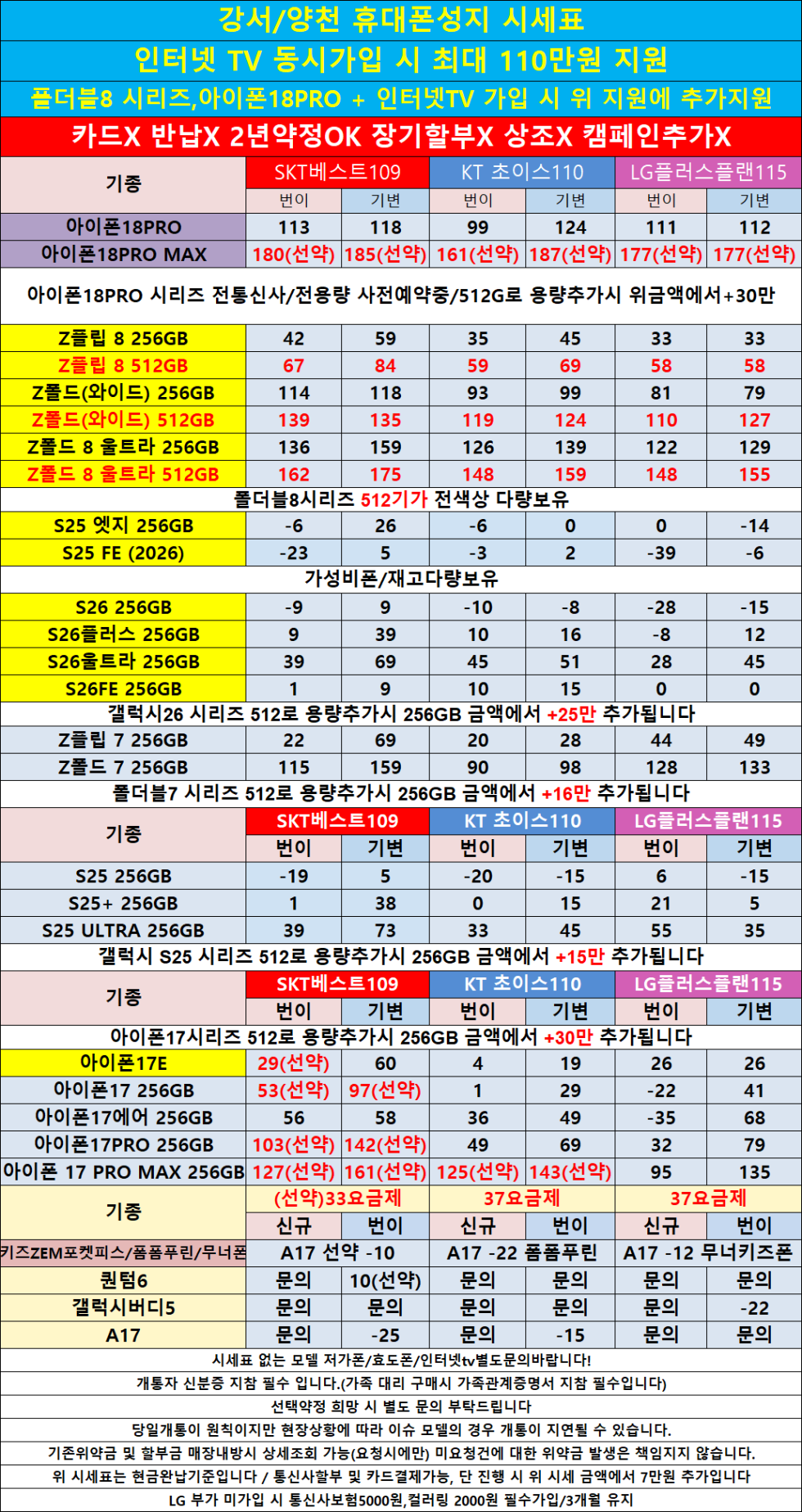 양천구 100% 현금완납시세표/카드X 반납X/아이폰18PRO할인/아이폰17 다량보유