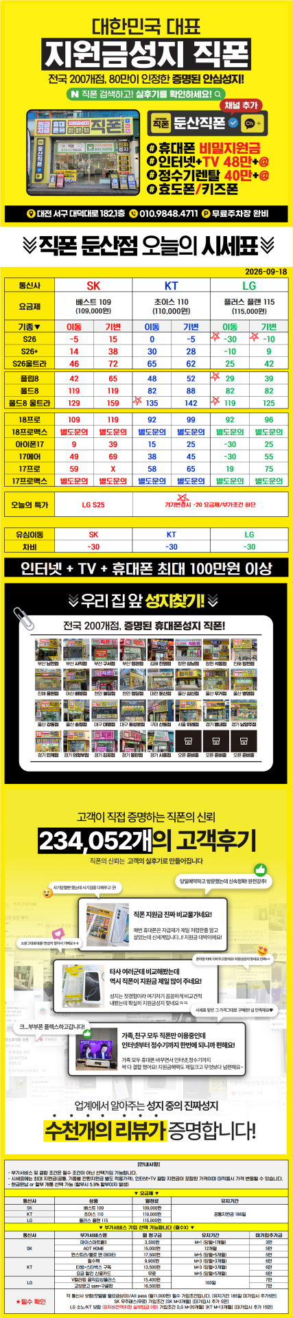 9월 18일 대전에 하나뿐인 직폰 시세표 올려드립니다! 대전1등 아이폰18프로시리즈 갤럭시S26시리즈 아이폰17시리즈 폴더블8시리즈 다량보유중 !! 당일개통O 폰반납X 미리보상조건X