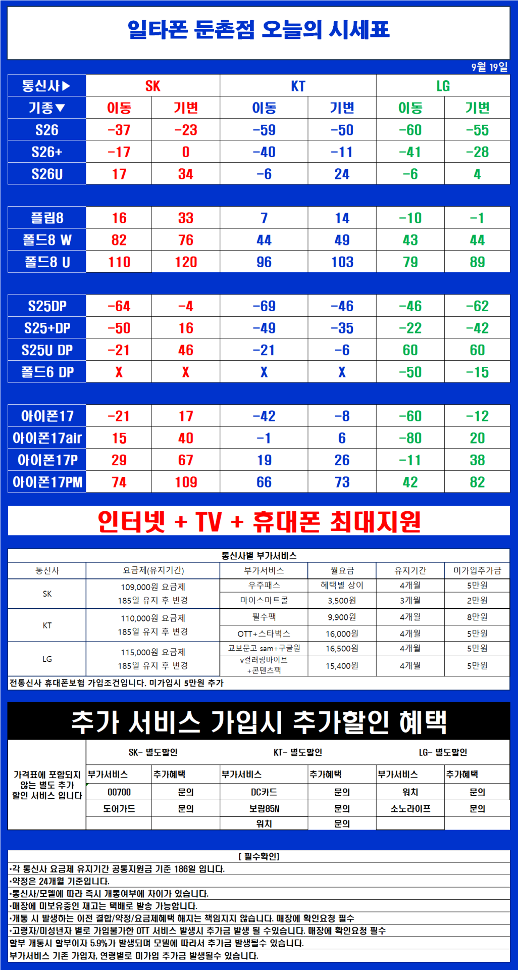 9월 18일 서울 강동 최저가 휴대폰성지 일타폰 [ 부가서비스 2개외에 상조,워치,도어가드 등등 없습니다 말장난시 혀깨물고 차도로 뛰어갑니다 ]