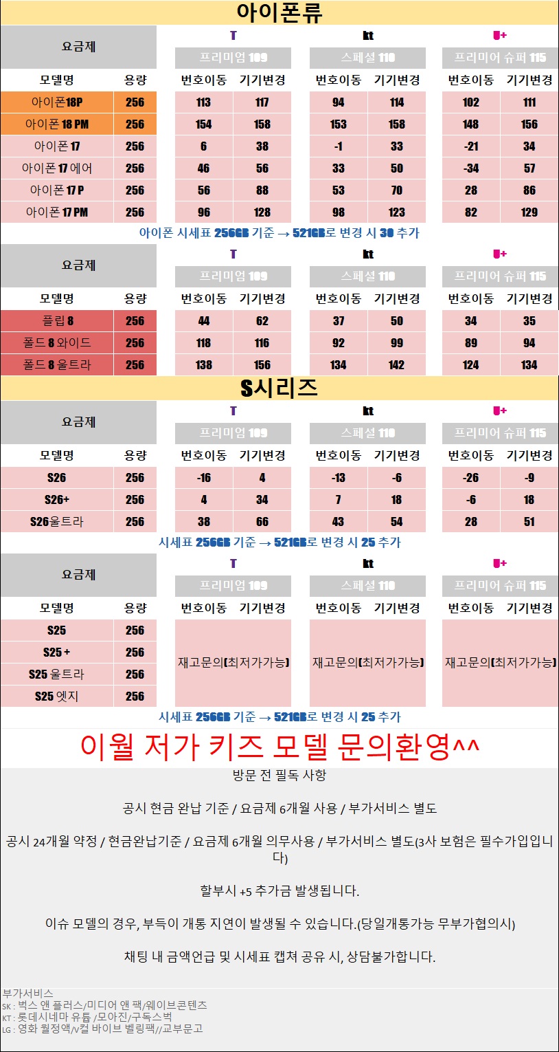 고양시 일산 / 장항동 휴대폰 성지 시세표 / 제휴X 반납X 결합조건X