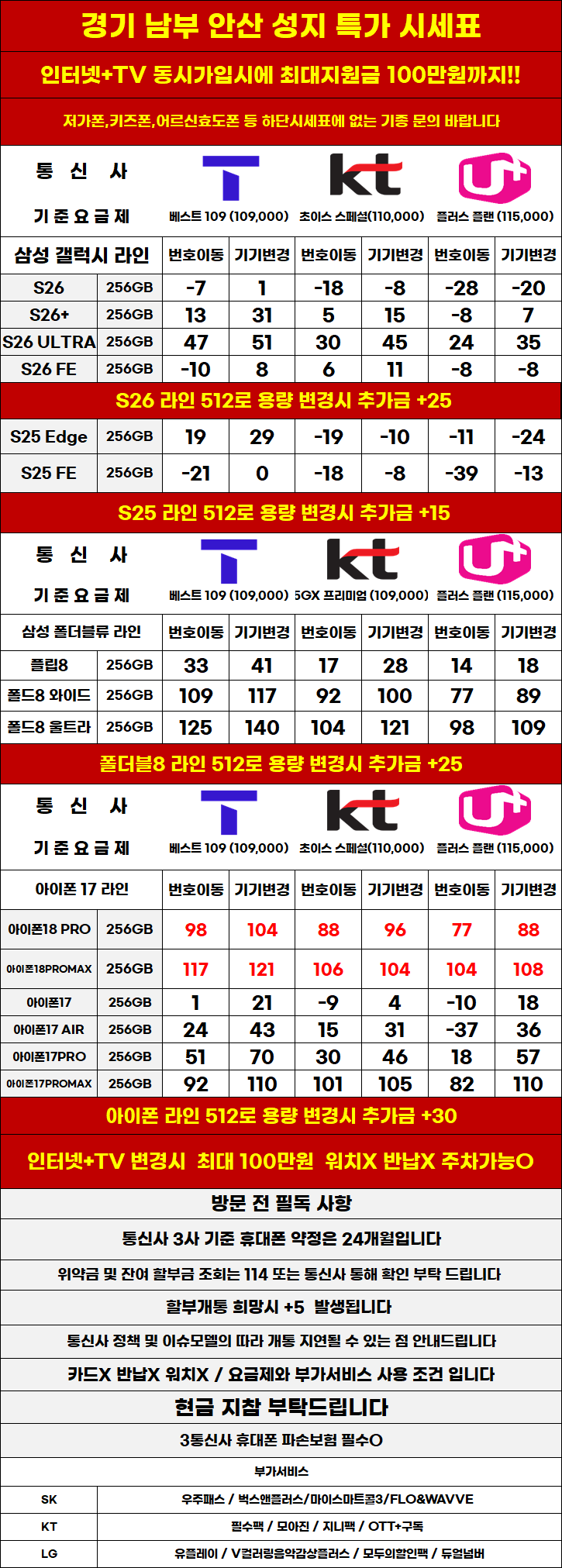 경기도 안산 휴대폰성지 시세표 (제휴X, 보상기변X,워치X,소노X)
