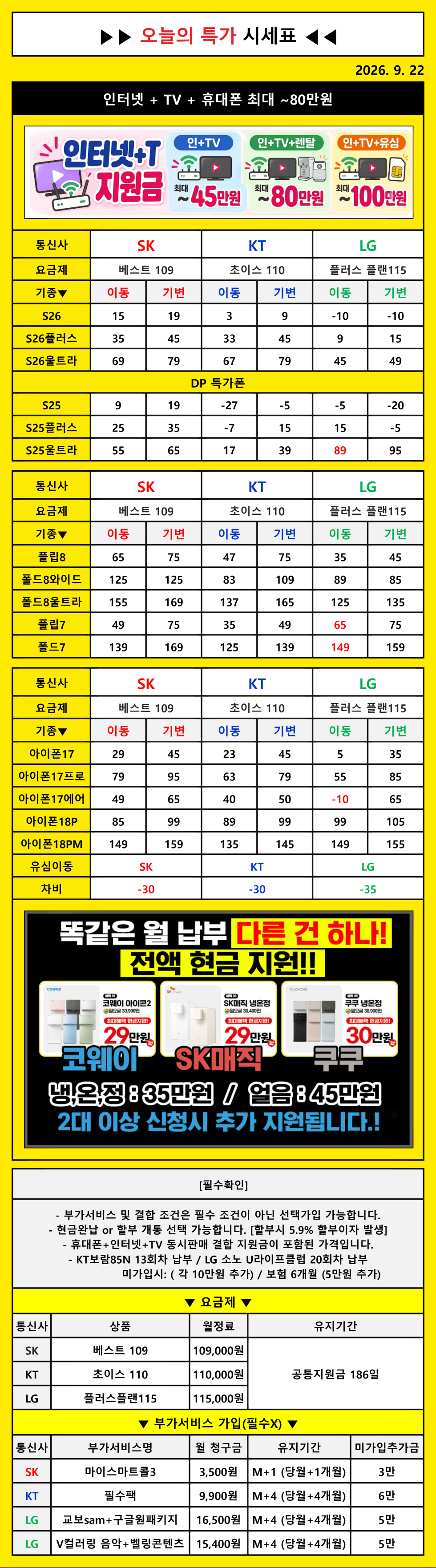 🎉🎉🎉거제도 와싸폰 고현점 오픈 특가🎉🎉🎉 시세표 그대로 보시면됩니다 ! 😎인터넷+티비 ♨️정수기 렌탈 최대지원금 🎁