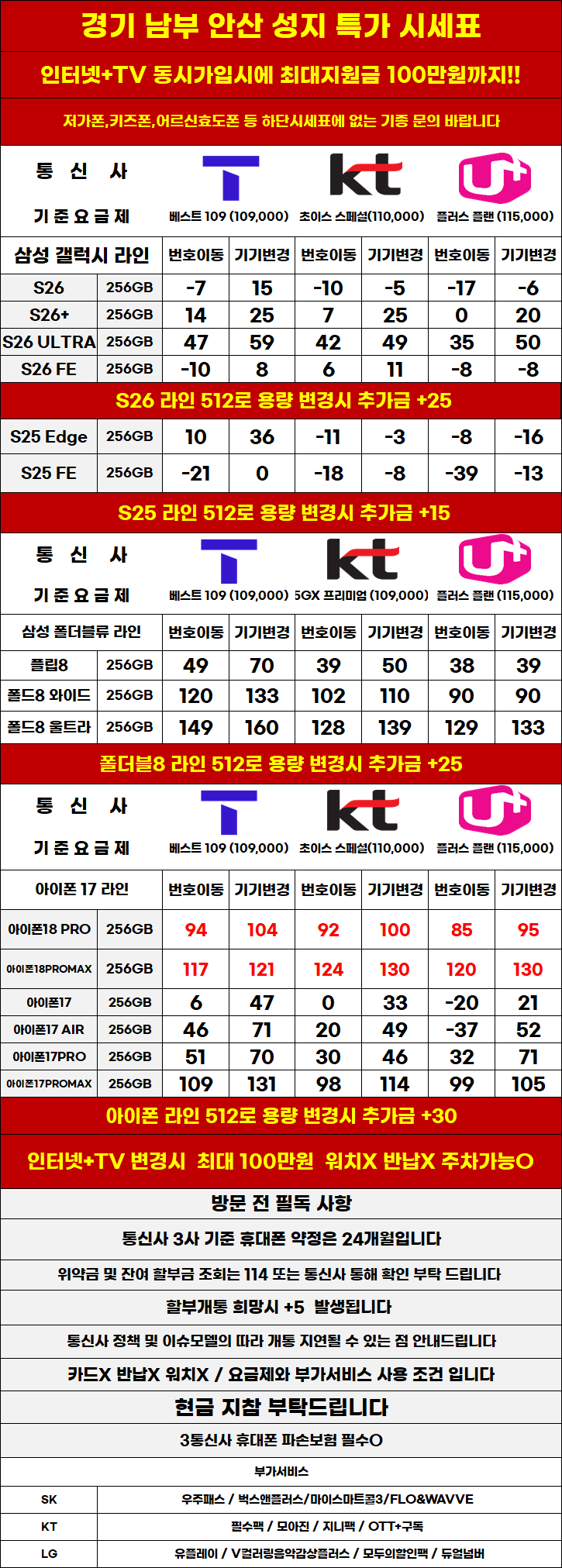경기도 안산 휴대폰성지 시세표 (제휴X, 보상기변X,워치X,소노X)